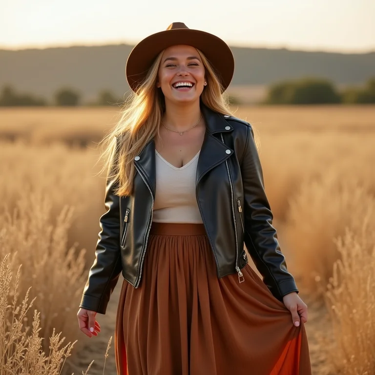 Look boho com jaqueta de couro e saia longa