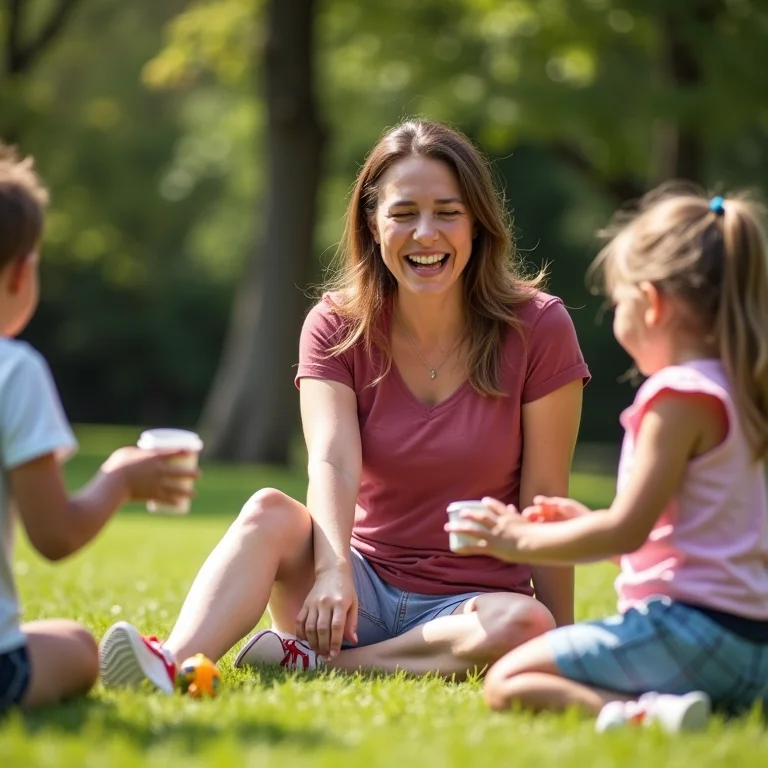 Mãe gorda brincando com os filhos em um parque