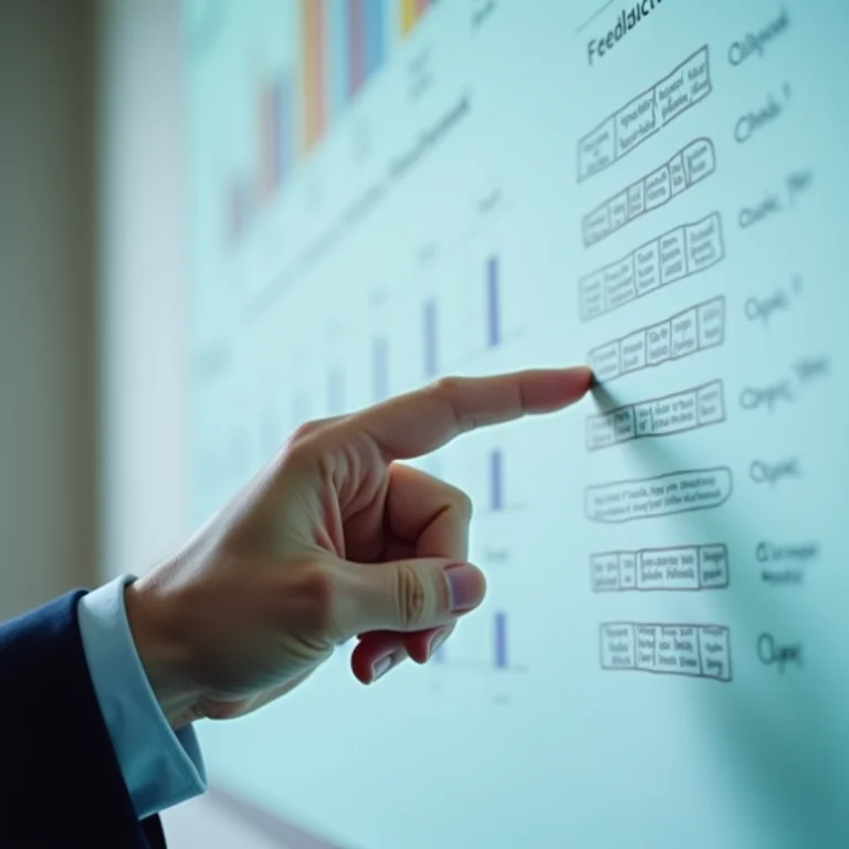 Mão apontando para detalhe em gráfico, representando feedback baseado em evidências.