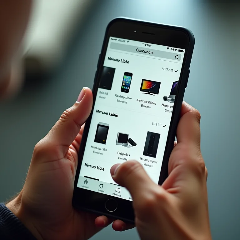 Mão navegando no aplicativo do Mercado Livre com resultados de eletrônicos usados.