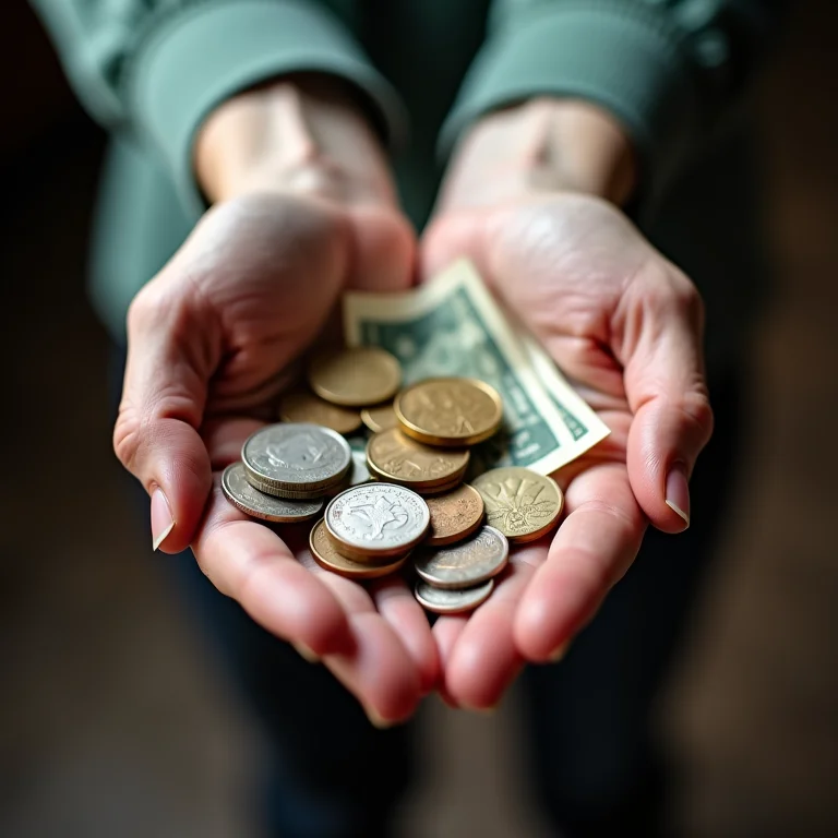 Mão segurando moedas e notas, representando economia