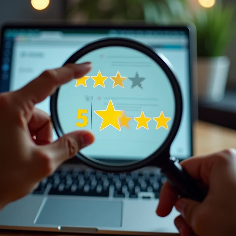 Mão usando lupa sobre avaliações falsas em um site