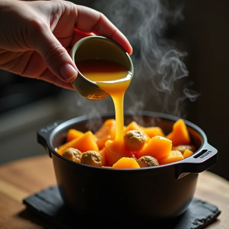Mãos adicionando caldo de legumes em uma panela com abóbora e gengibre.
