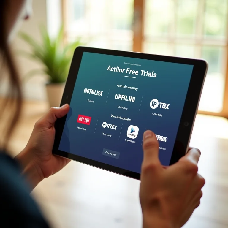 Mãos ativando períodos de teste grátis em um tablet com diferentes plataformas de streaming.
