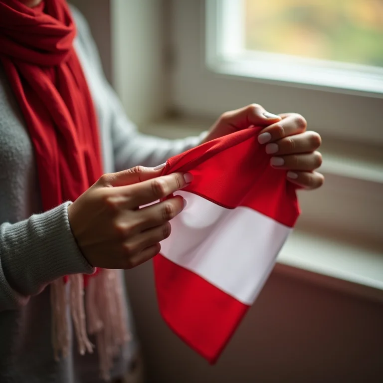 Mãos de uma mulher parda/latina dobrando a bandeira olímpica