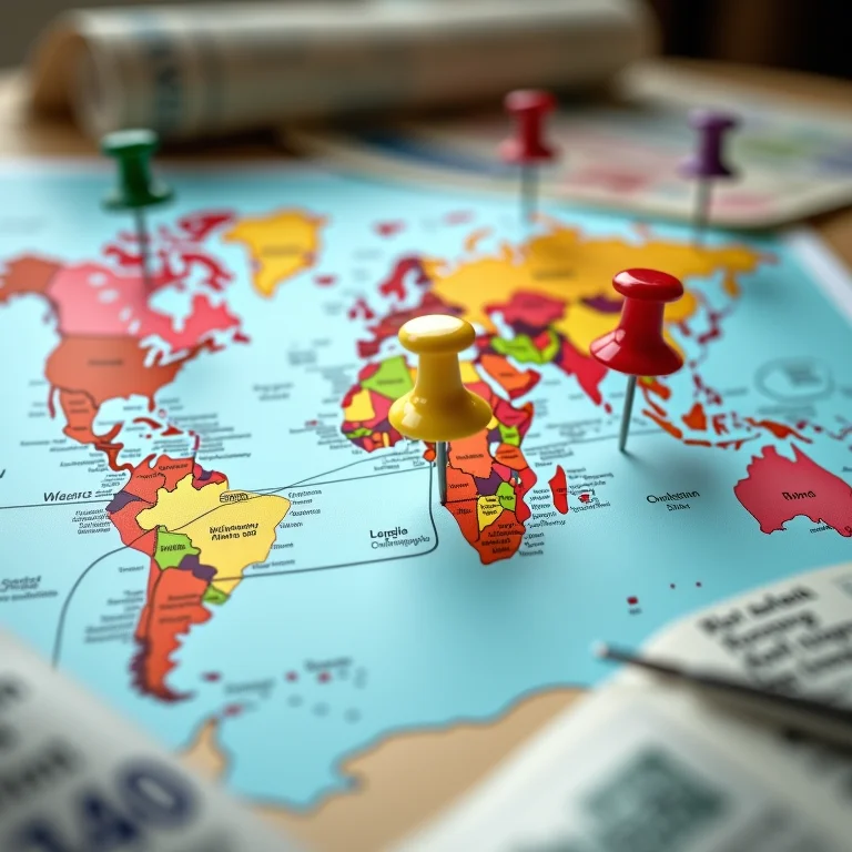 Mapa mundial com pins e notícias sobre eventos globais que influenciam o câmbio.