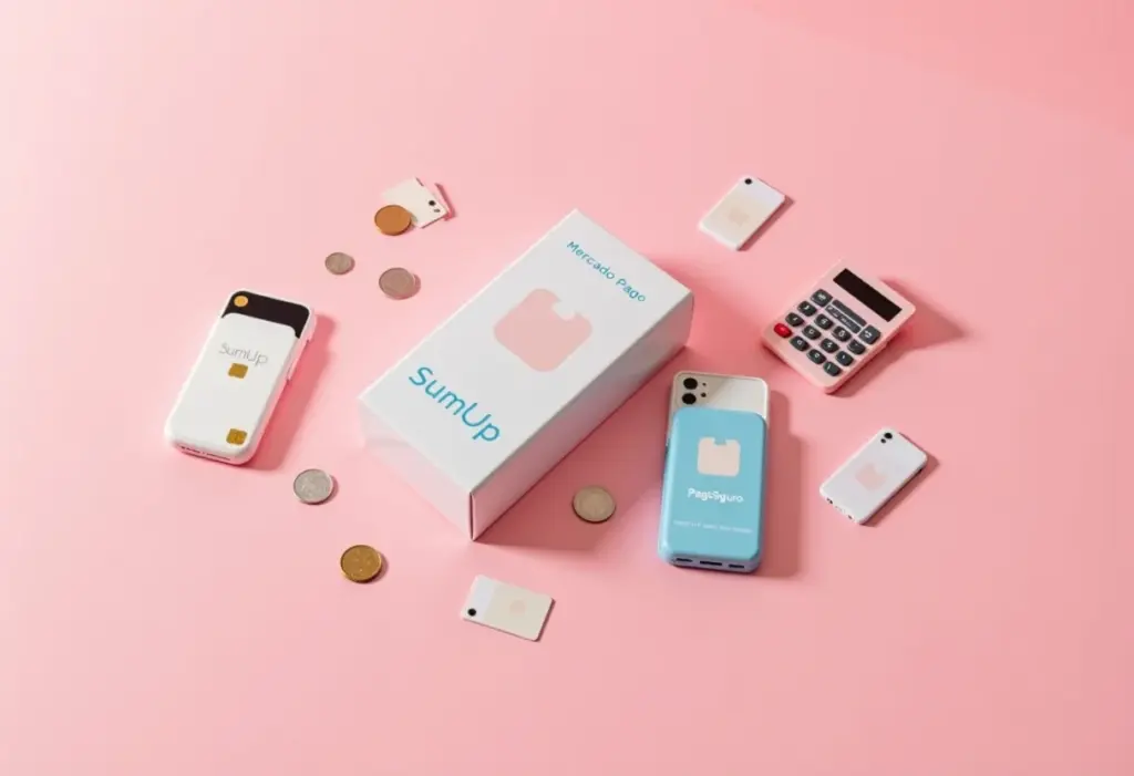 MEI, fuja da taxa alta: As maquininhas de cartão MAIS baratas Maquininhas de cartão baratas para MEI dispostas em um fundo rosa.