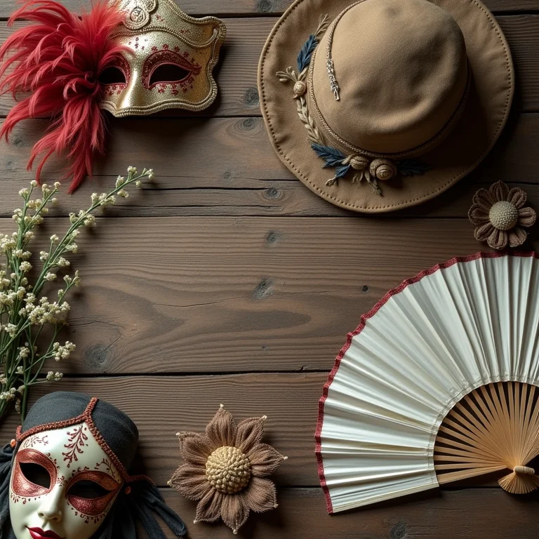 Máscaras e adereços de festas pagãs europeias em composição flat lay