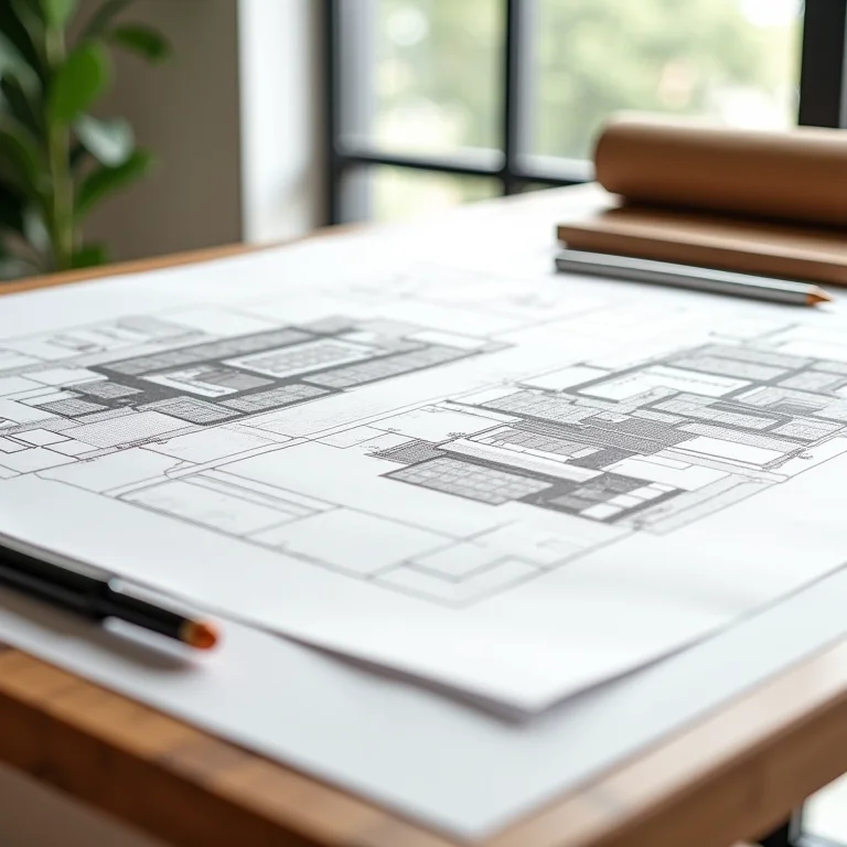 Mesa de desenho com ferramentas e plantas arquitetônicas