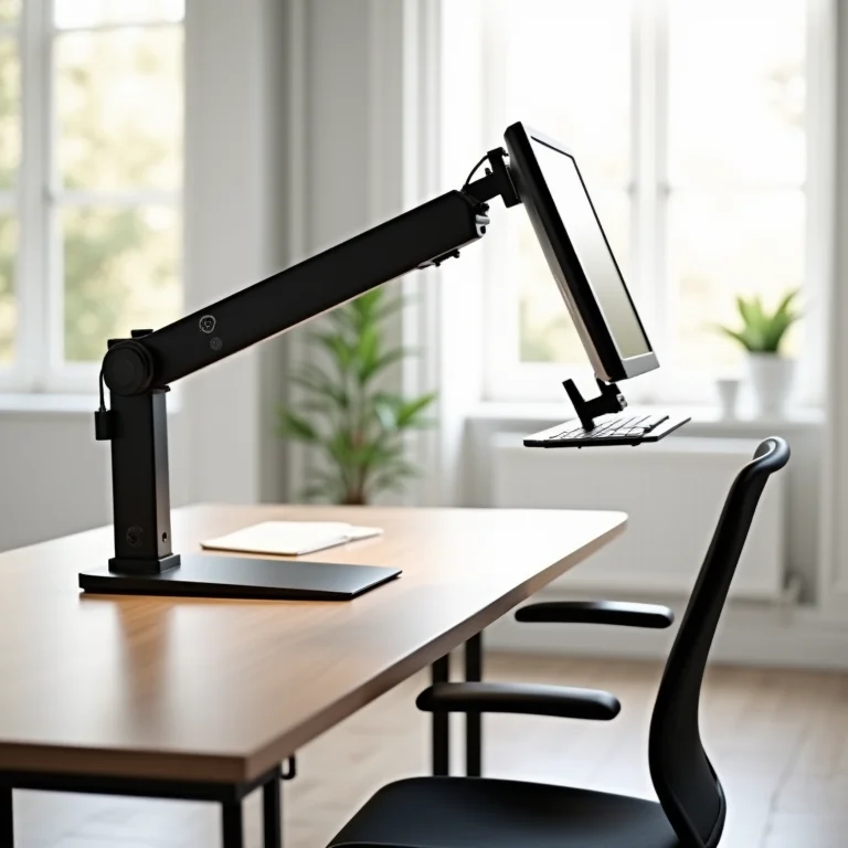 Mesa de escritório ergonômica com suporte de monitor ajustável e cadeira confortável.