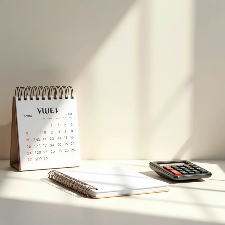 Mesa de escritório minimalista com calendário, calculadora e caderno.