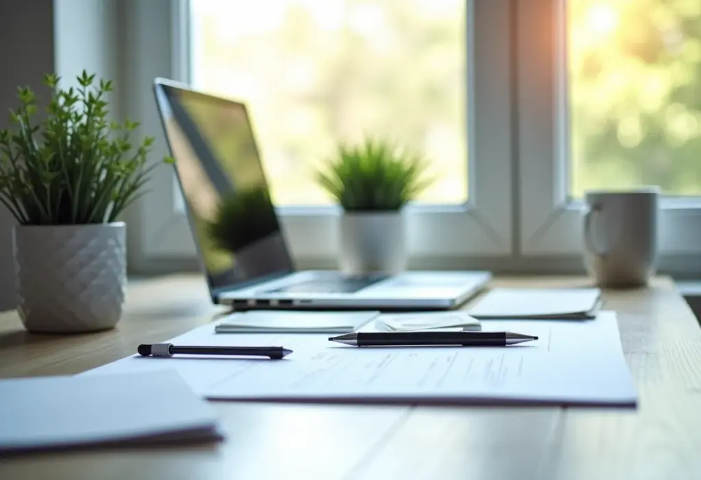 Mesa de escritório organizada com laptop, planta e materiais minimalistas.