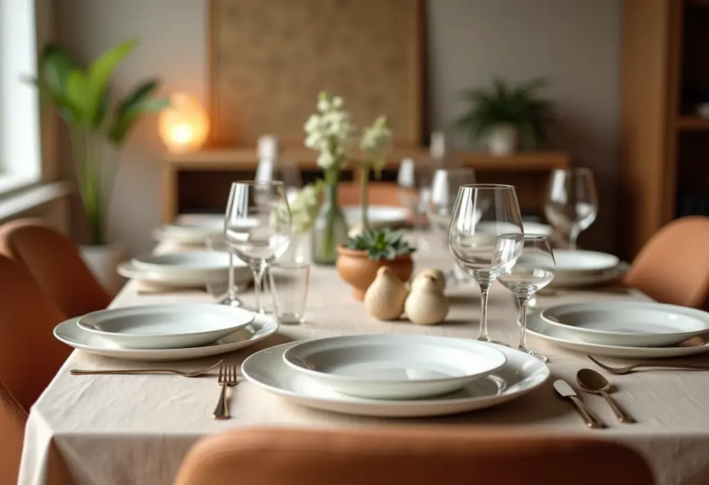 Decoração de mesa posta: truques para um jantar simples e elegante Mesa de jantar elegante com decoração minimalista.