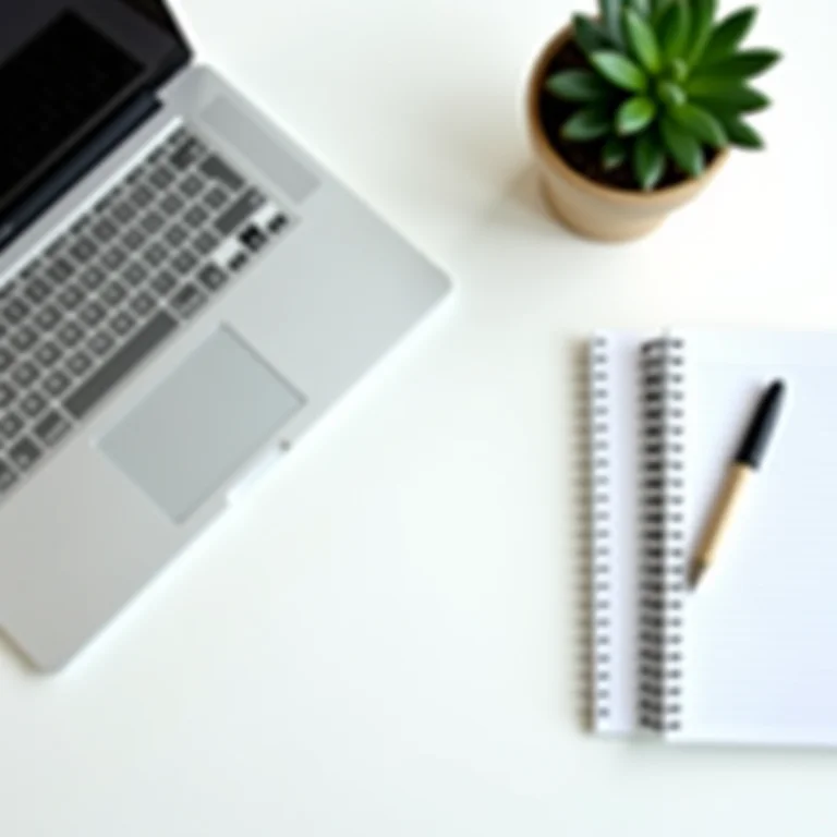 Mesa de trabalho organizada com laptop e planta