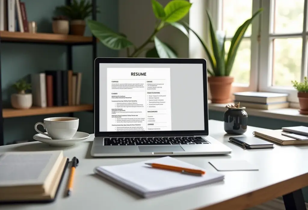 Mesa de trabalho organizada com laptop mostrando currículo
