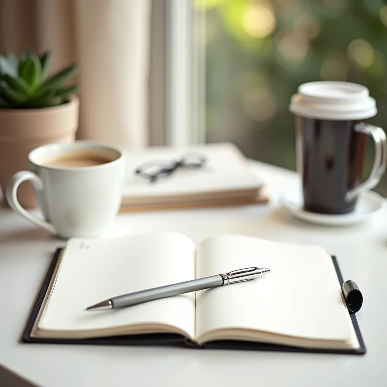 Mesa de trabalho organizada com notebook e café, representando a preparação.
