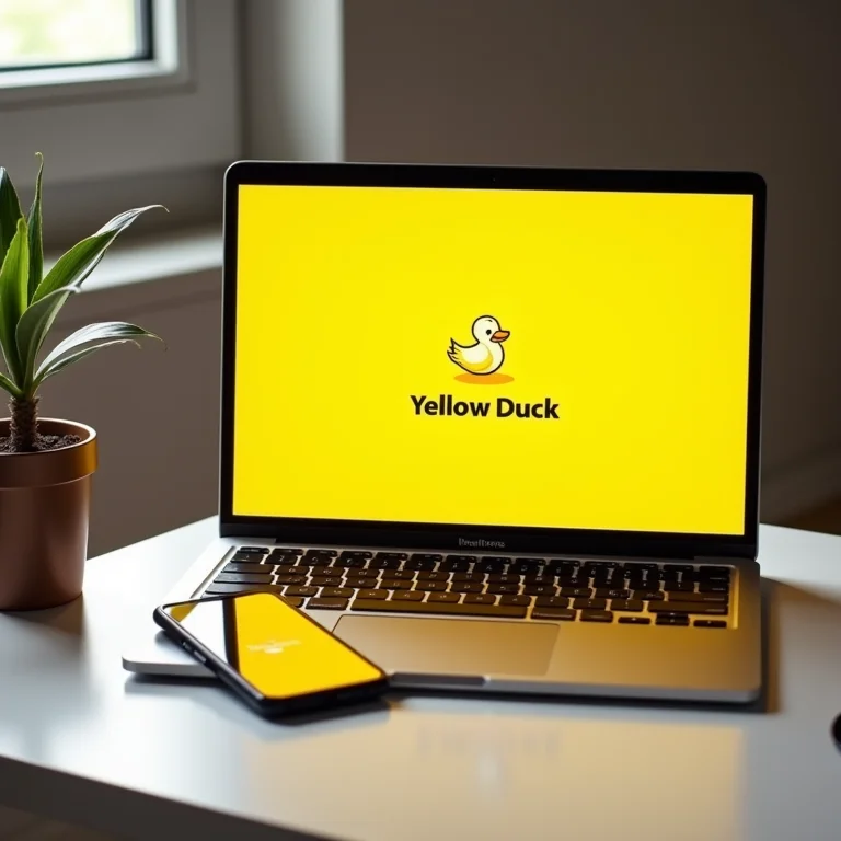 Mesa minimalista com laptop mostrando Yellow Duck e smartphone com Instagram.