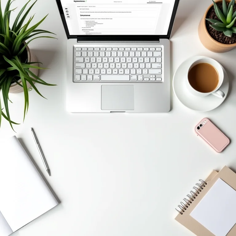 Mesa organizada com laptop mostrando sites de emprego.