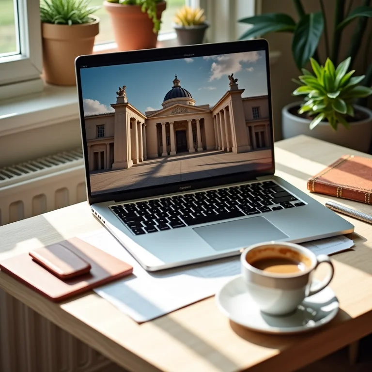 Mesa organizada com laptop mostrando tour virtual