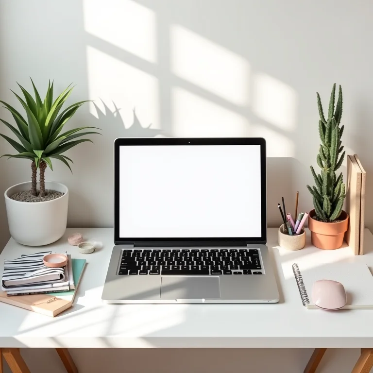 Mesa organizada com laptop mostrando um perfil comercial do Pinterest.