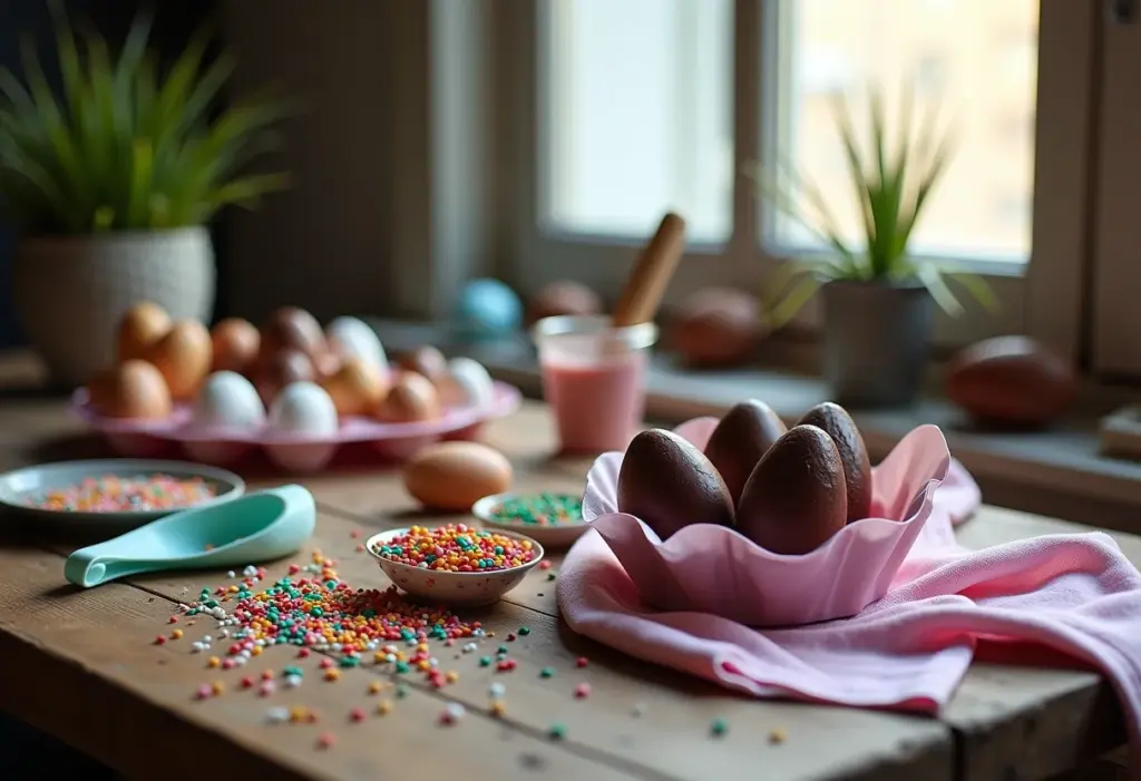 Mesa rústica com ingredientes e materiais para fazer ovos de Páscoa caseiros