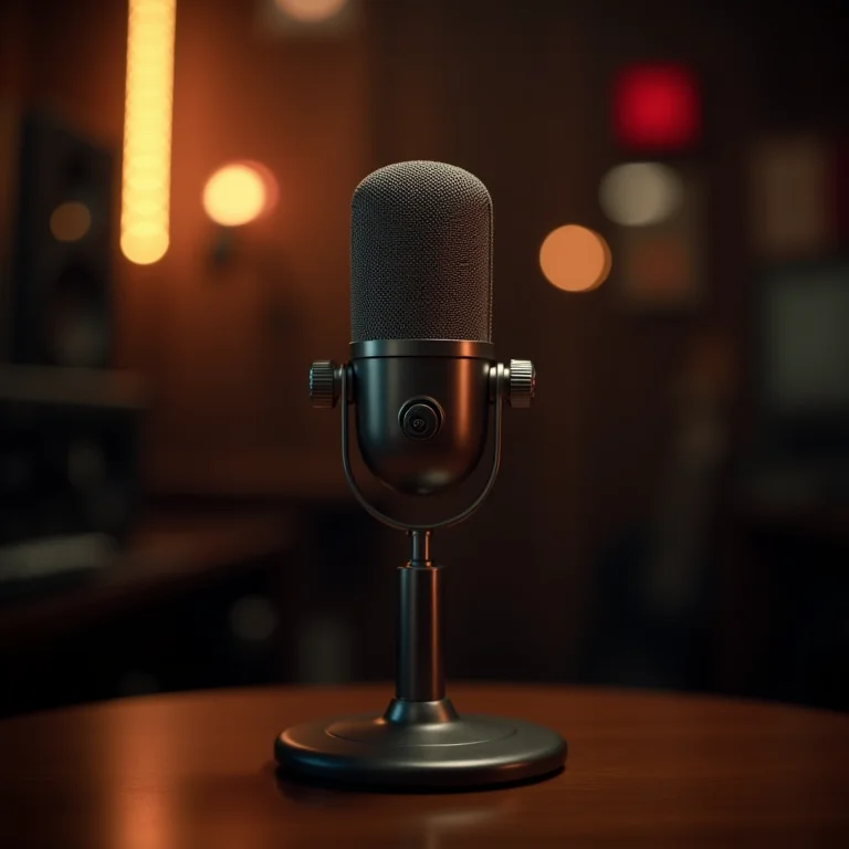 Microfone vintage em estúdio de rádio com iluminação suave