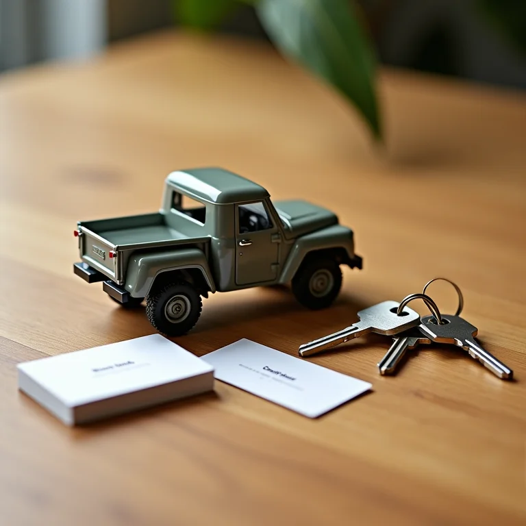 Miniatura de caminhão, chaves e cartão de visitas representando MEI Caminhoneiro