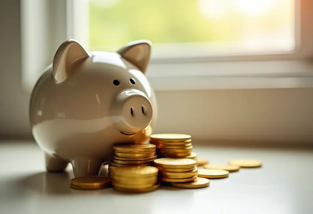 Dividendos: O guia definitivo para turbinar seus investimentos Moedas de ouro transbordando de um cofrinho elegante, representando investimentos em dividendos.