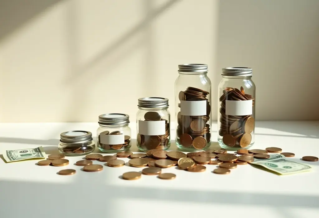 Moedas e notas sendo separadas em potes rotulados, simbolizando a separação de contas pessoais e empresariais.