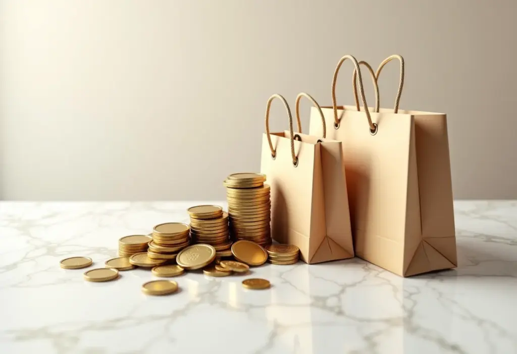 Cashback turbinado: Descubra os apps que devolvem mais dinheiro Moedas e sacolas de compras representando cashback turbinado.