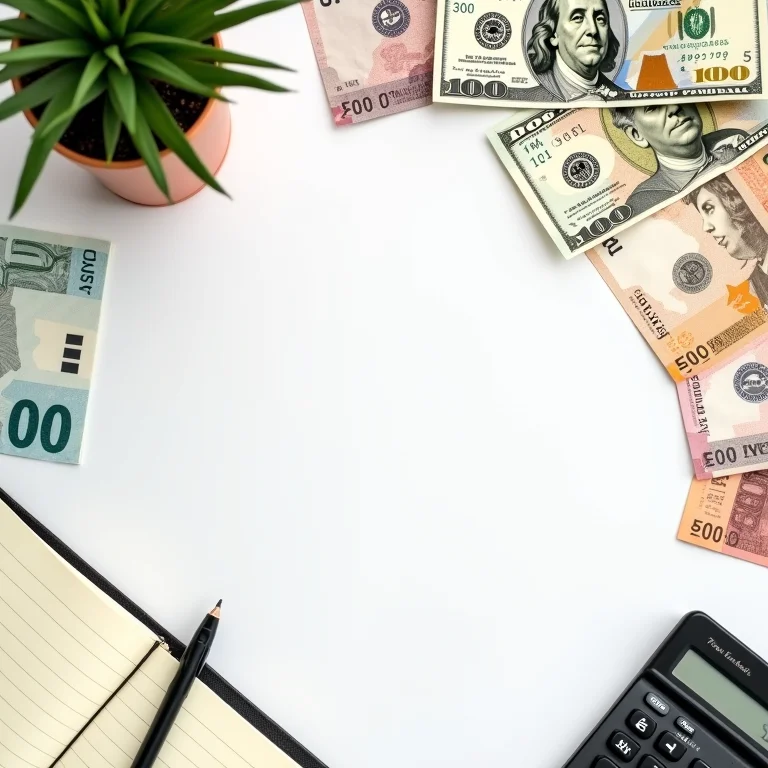 Moedas estrangeiras, calculadora e documentos de viagem organizados em uma mesa.