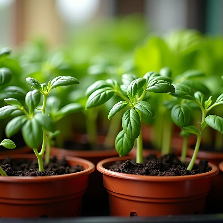 Mudas de tomate, manjericão e alface em pequenos vasos.