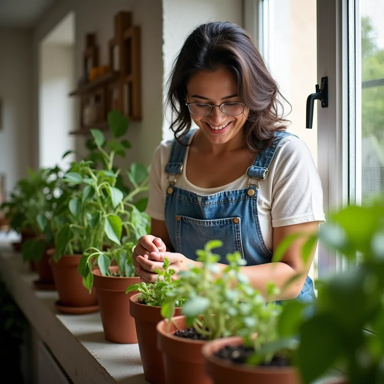 Mulher adubando plantas em uma horta na janela.