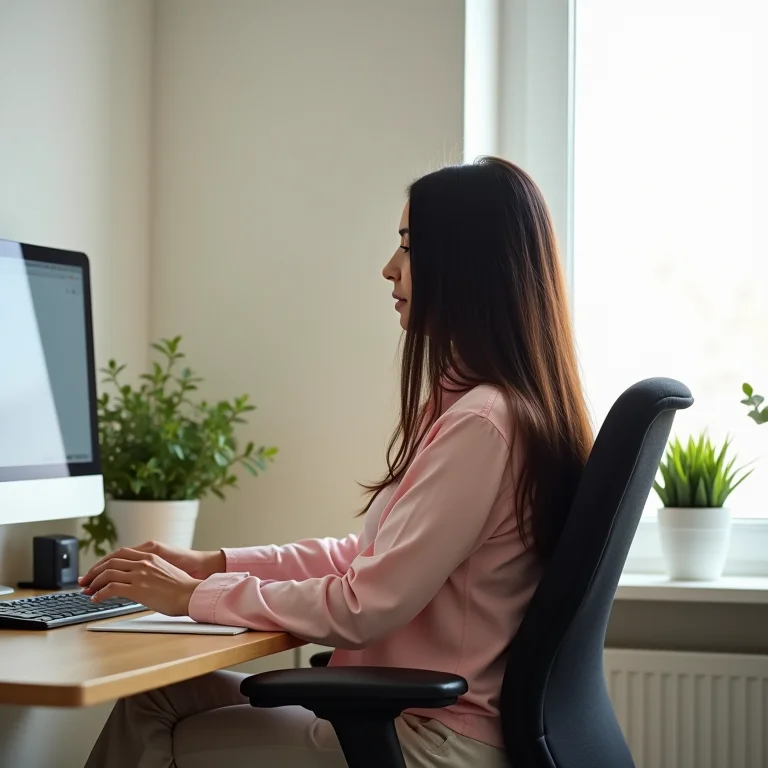 Mulher ajustando cadeira de escritório ergonômica