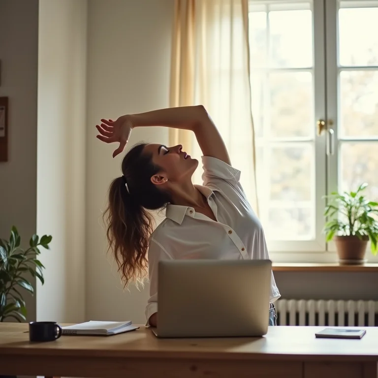 Mulher alongando-se durante o trabalho