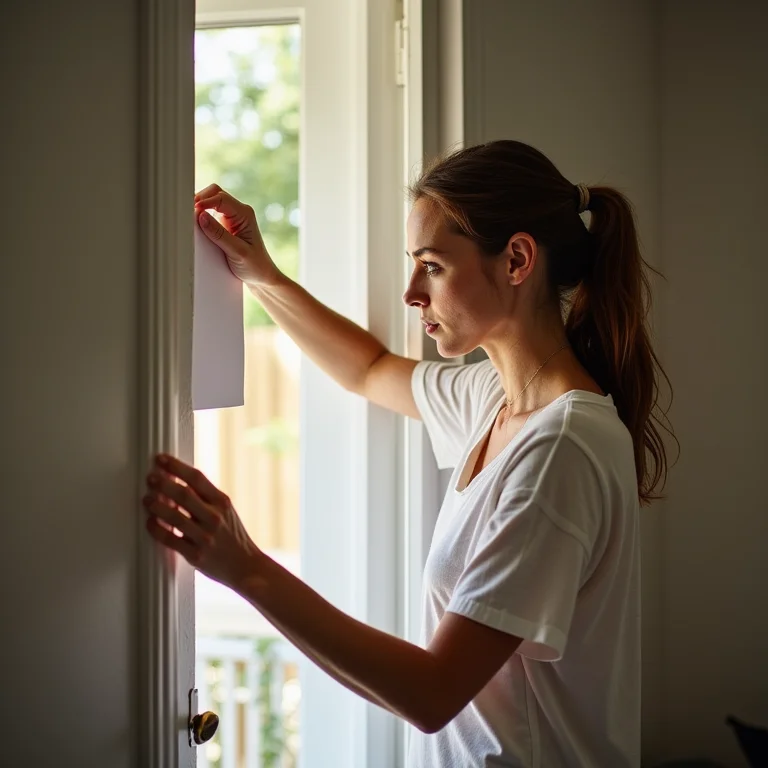Mulher aplicando adesivo decorativo na porta.