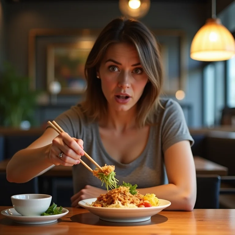 Mulher apontando com hashis