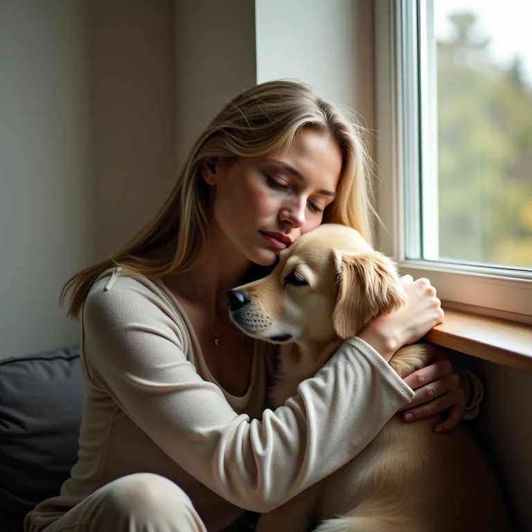 Mulher branca abraçando cachorro perto da janela.
