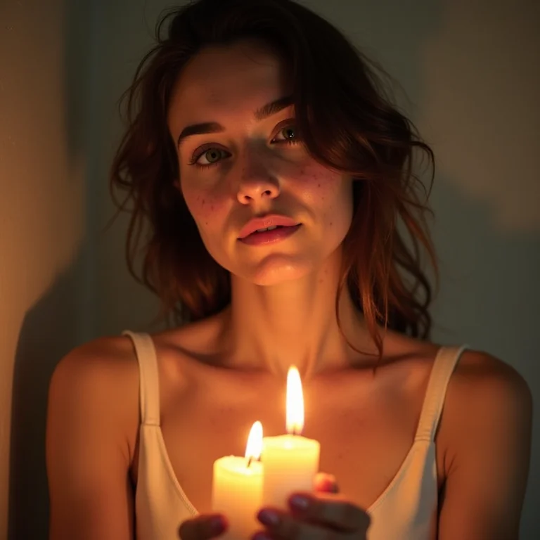 Mulher branca acendendo velas no banheiro