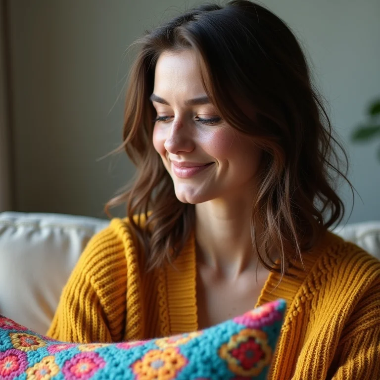 Mulher branca adicionando almofada colorida em sofá neutro