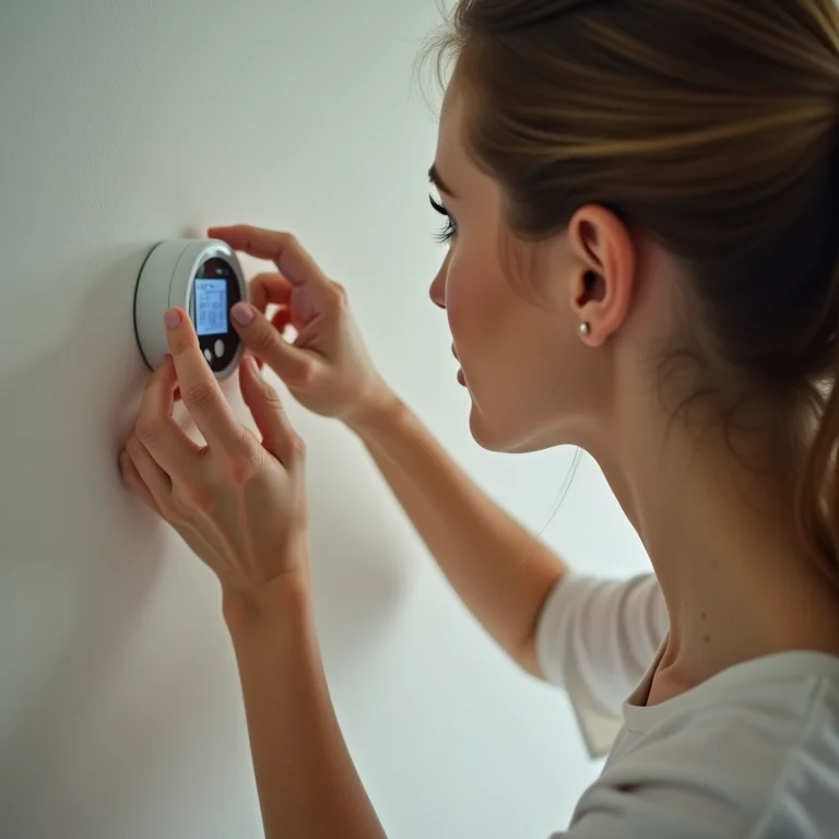 Mulher branca ajustando o termostato do ar condicionado.