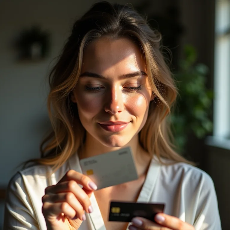 Mulher branca analisando cartão de crédito empresarial com cautela.