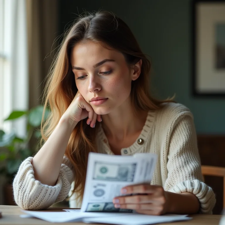 Mulher branca analisando contas e despesas.
