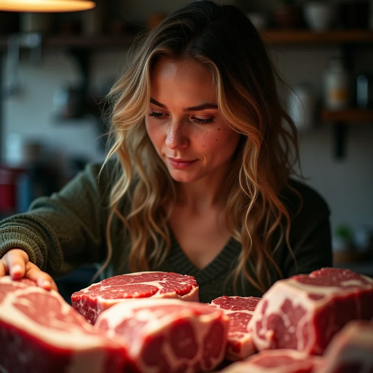 Mulher branca analisando cortes populares de carne em açougue.