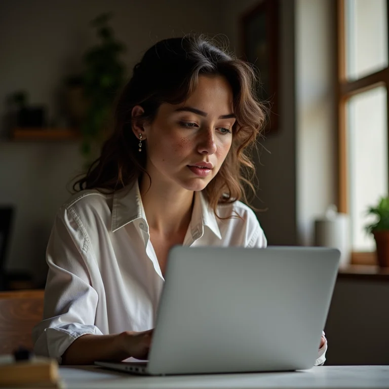 Mulher branca analisando design de assinatura de email no laptop