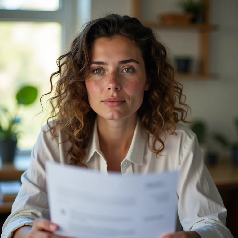 Mulher branca analisando documentos MEI em um escritório doméstico.