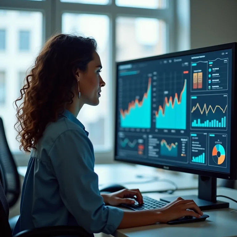 Mulher branca analisando gráficos em ambiente de trabalho