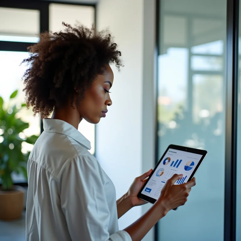 Mulher branca analisando gráficos em tablet.