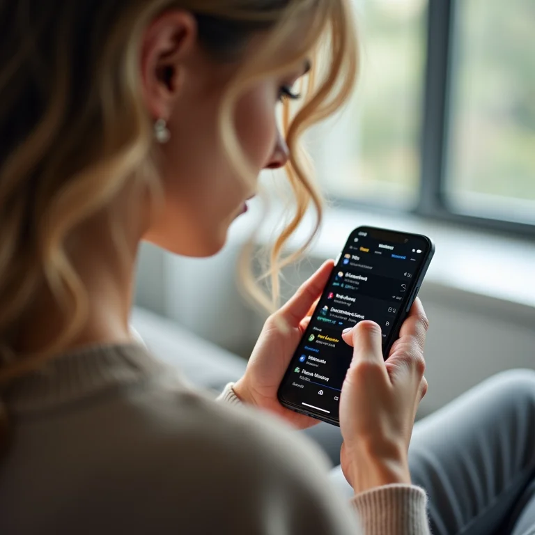 Mulher branca analisando o histórico de testes de velocidade no celular.