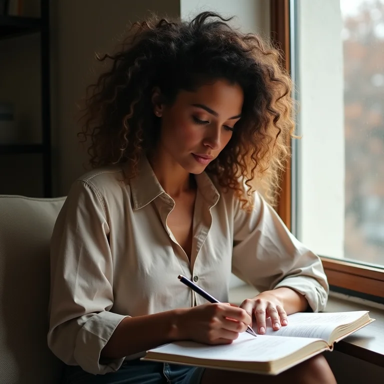 Mulher branca analisando suas finanças em um caderno.